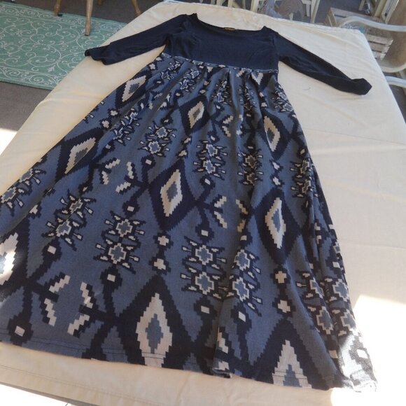 Reborn maxi dress size L, black bodice, grey& cream geometric print on skirt VGC - Picture 6 of 15
